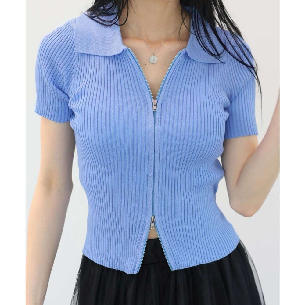 Vtg Y2K XS Top Soft Girl Double Zipper Baby Blue Ribbed Fitted Coquette Dainty
